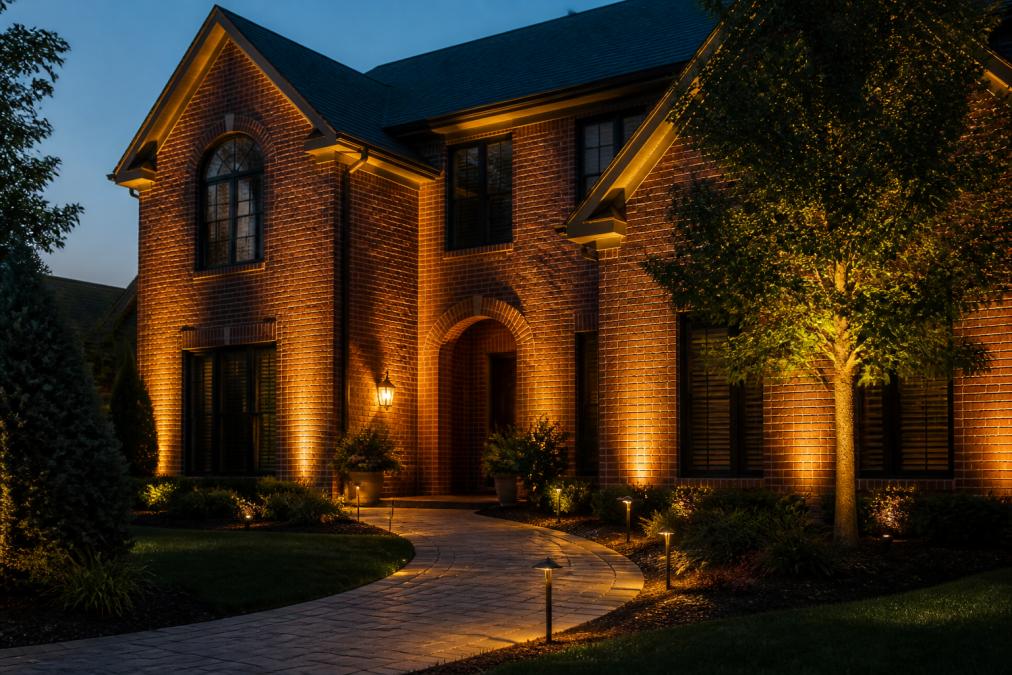 Warm uplighting grazes a red brick facade at dusk to show how to light a brick house exterior at night effectively.