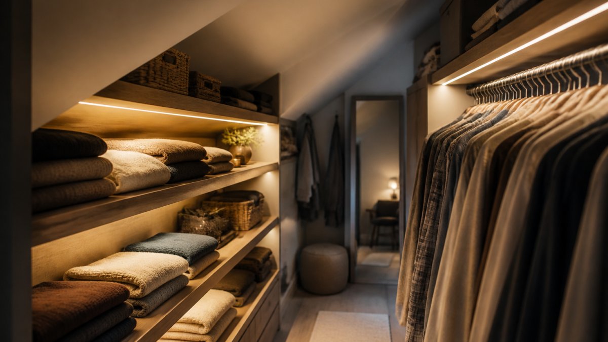 Warm LED strip lights glowing under wooden shelves in a cozy, slanted ceiling walk-in closet with folded clothes.