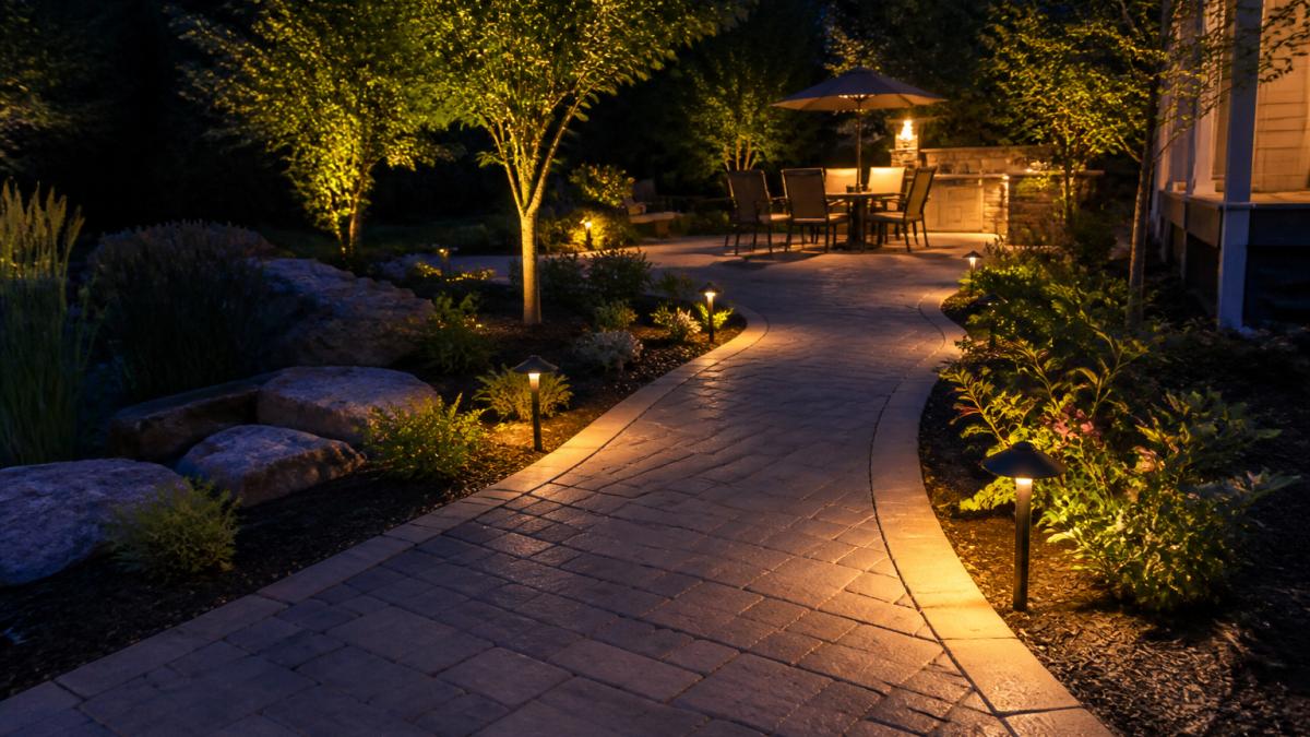 A beautifully lit backyard at dusk with a curved stone pathway lined by low path lights, garden beds glowing softly with accent lighting, and a cozy patio in the background
