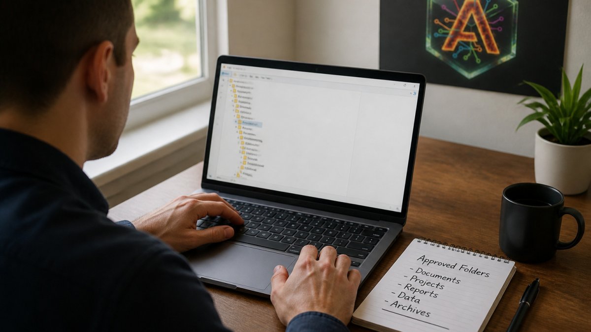 User reviewing folder directories on a laptop to limit AI agent permissions for secure file access