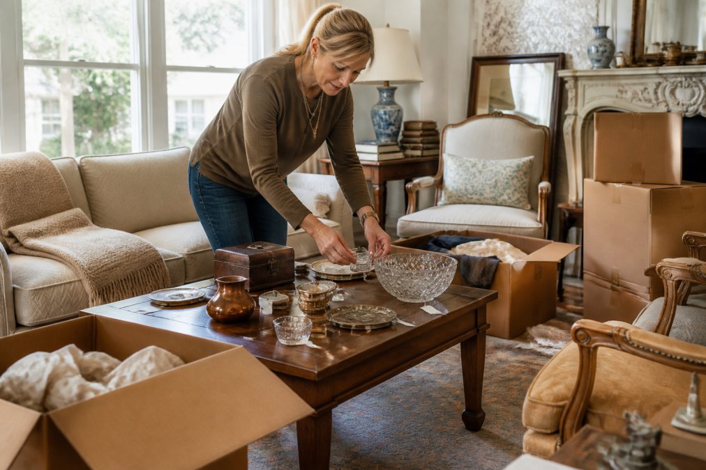 A professional estate liquidator carefully arranging furniture and tagged items in a clean, well-lit living room during an estate sale setup, with soft natural light coming through windows