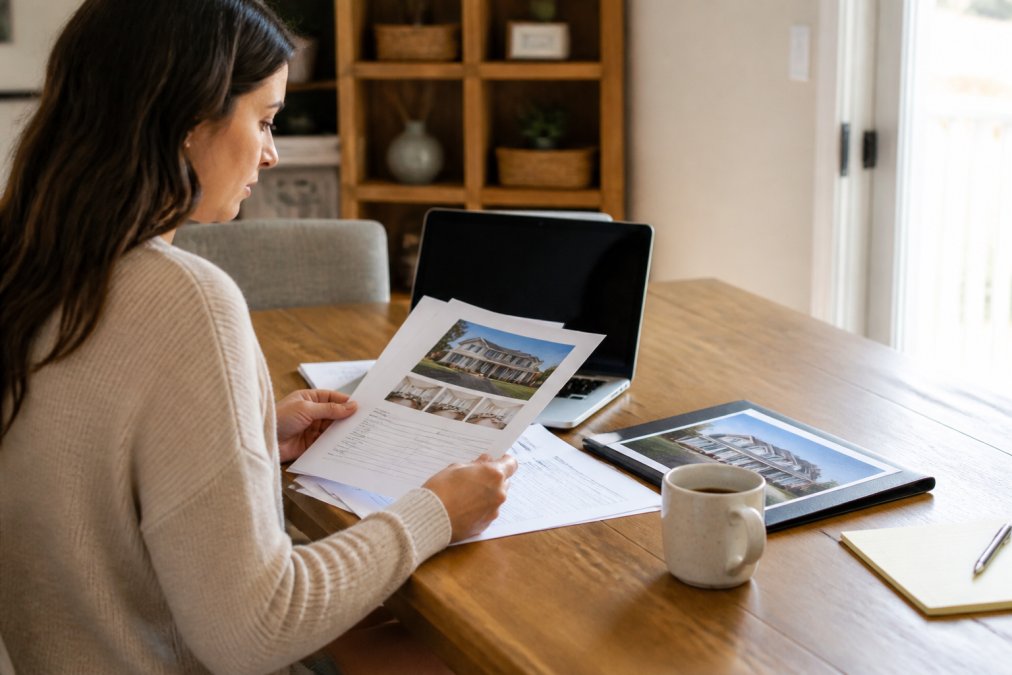 Homeowner sitting at a desk with laptop, reviewing property documents and professional photos of their home, with a cup of coffee nearby