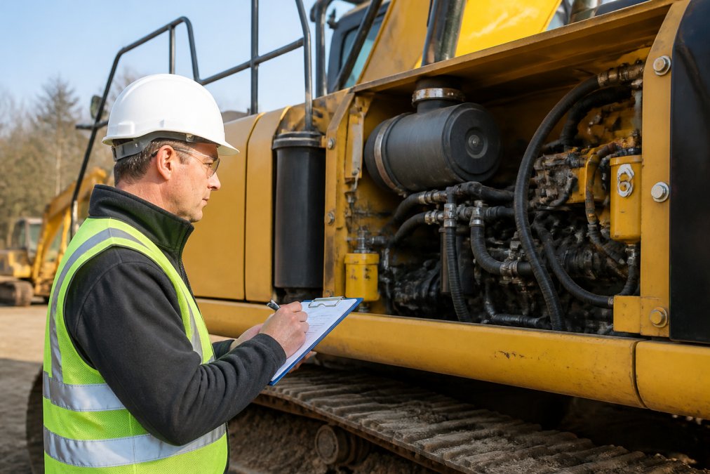 Third-party inspector conducting hands-on inspection of construction equipment, checking mechanical components and documenting findings on a clipboard in natural daylight