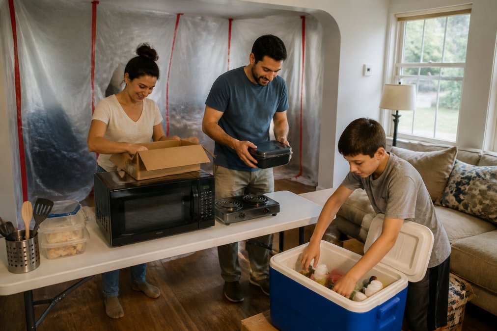 Step-by-step diagram for organizing temporary kitchens during home renovations using basic appliances.