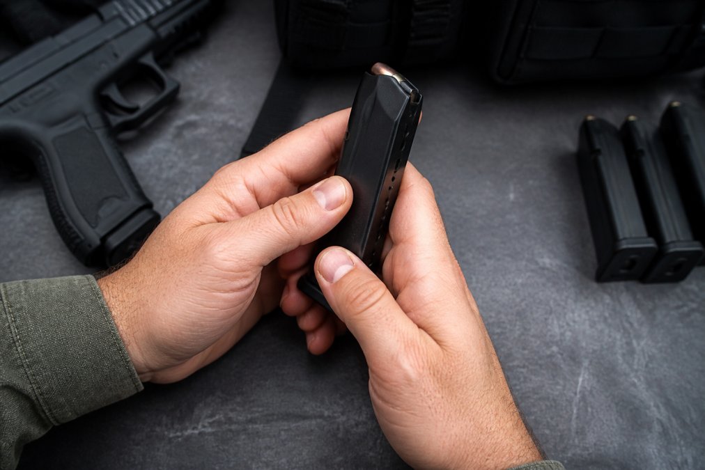 Close-up of hands demonstrating proper grip on 9mm magazine with thumb positioned on magazine body and index fingers supporting opposite side, showing correct wrist alignment