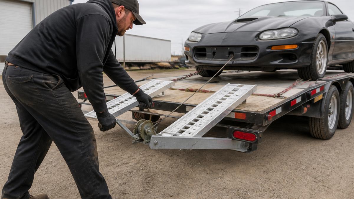 A person in work clothes operating a hand winch to pull a car up aluminum ramps onto a flatbed car trailer, with safety chains visible and the car partially loaded, overcast daylight