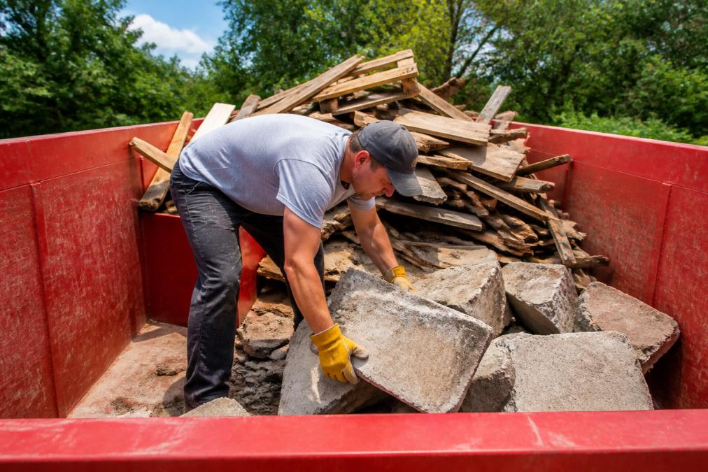 A worker in yellow work gloves placing a large broken concrete chunk at the bottom of a steel roll-off dumpster, with lighter wood debris piled in the background under bright daylight
