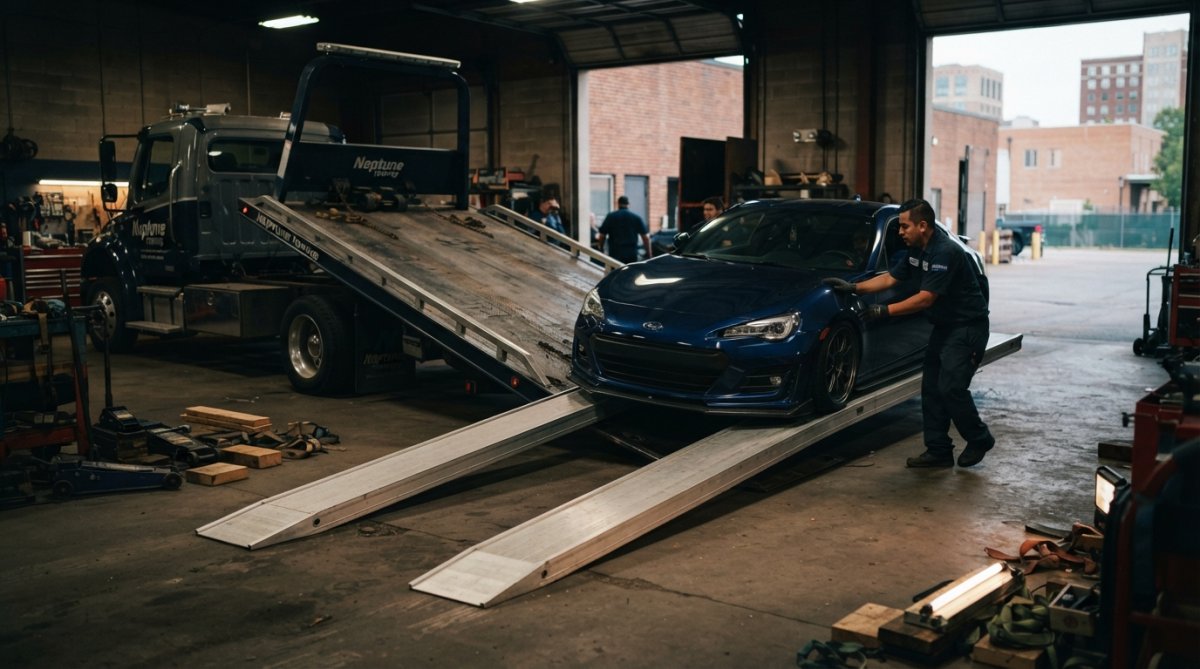 A lowered sports car with air suspension being guided slowly up a low-profile aluminum ramp onto a flatbed trailer, spotter standing to the side watching for clearance, morning sunlight casting long shadows