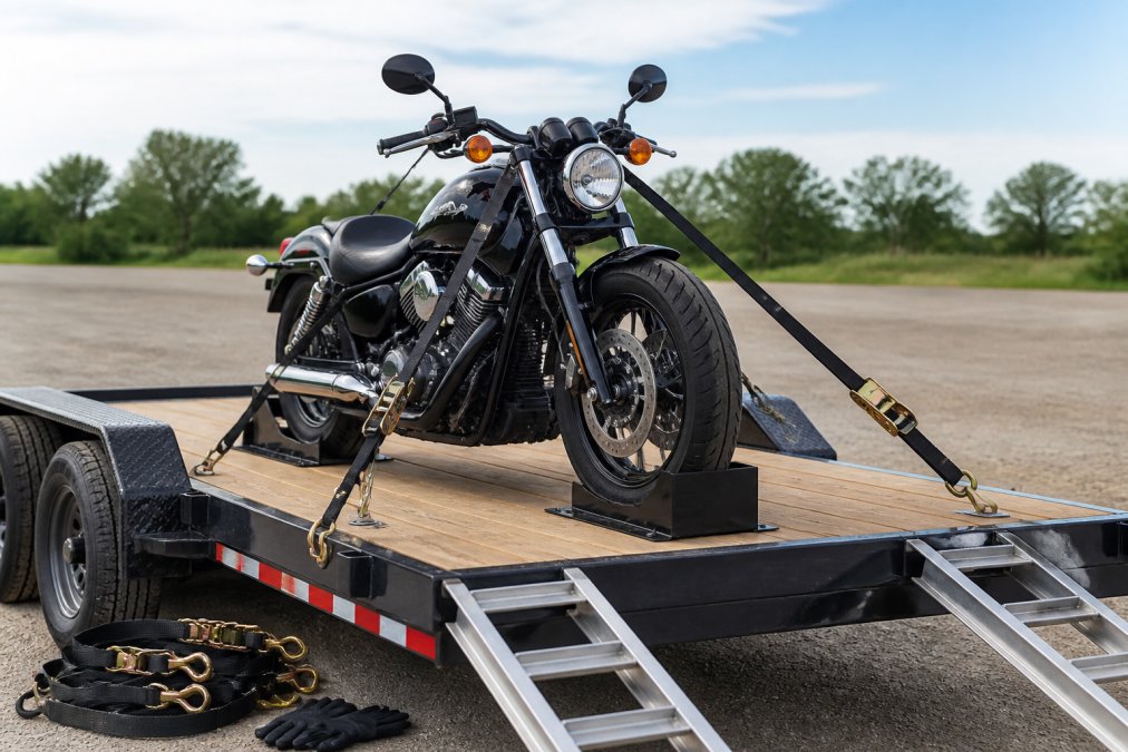 Motorcycle secured upright on a car hauler with wheel chocks at front and rear tires, ratchet straps looped through frame tie-down points, and ramps visible at trailer edge