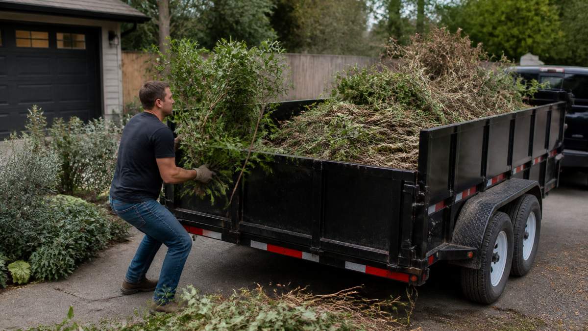 Person loading branches and yard debris into a dump trailer, demonstrating proper lifting technique with bent knees and secure grip on materials