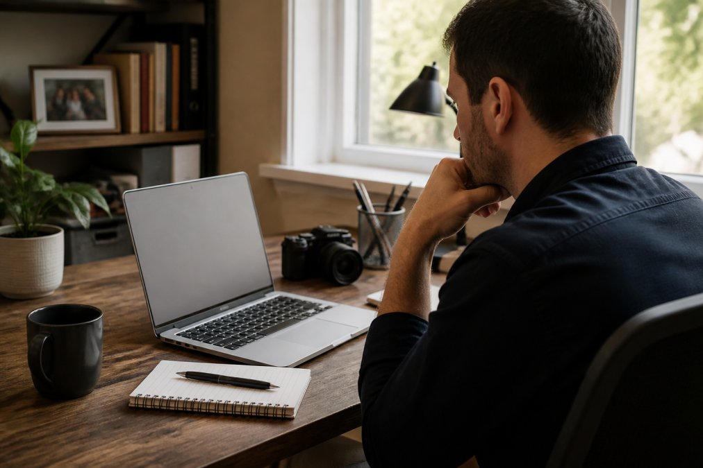 Person reviewing social media profiles and digital activity on a laptop screen in a home office with natural window lighting, notepad beside keyboard