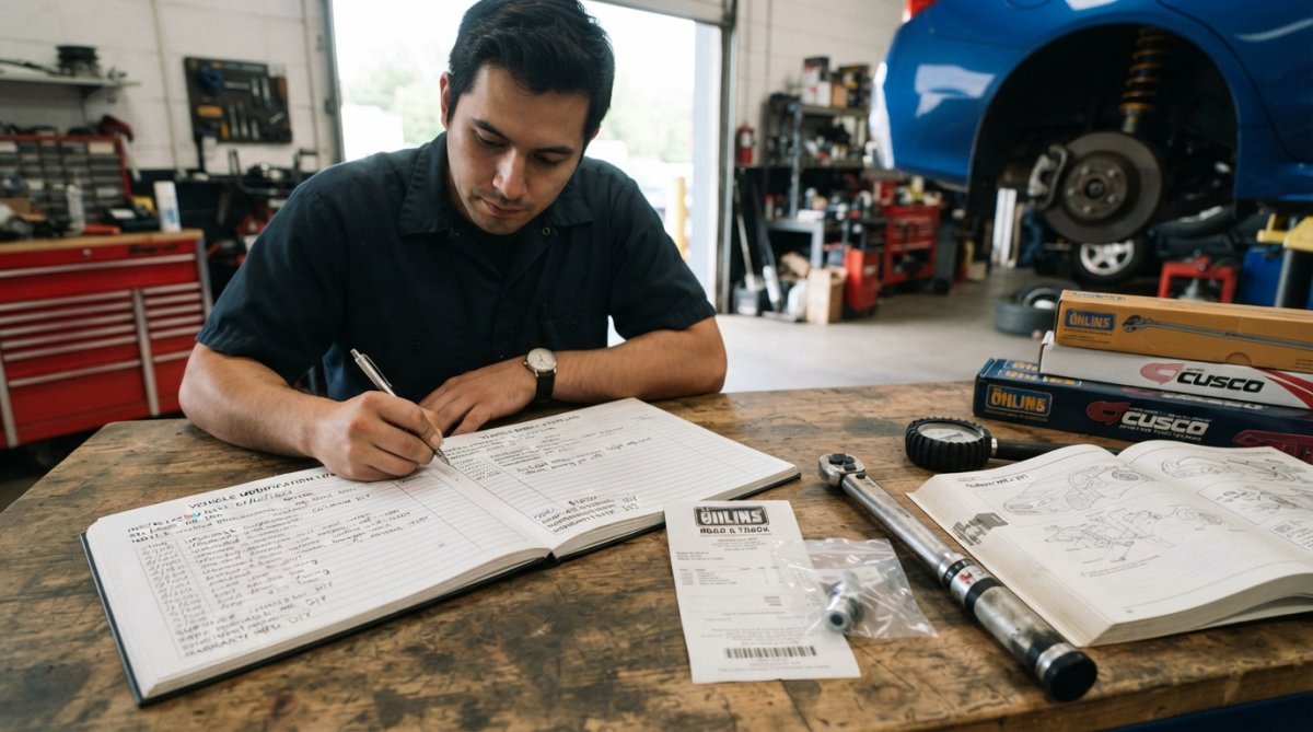 Close-up of a mechanic's hands holding a parts receipt and VIN-matched documentation next to an installed aftermarket component on a vehicle engine