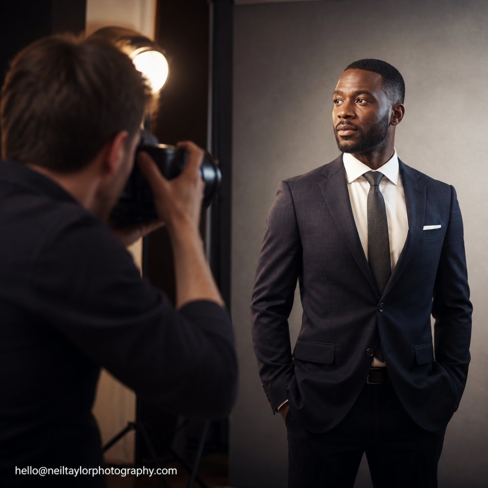 Professional in tailored business suit demonstrating power pose with shoulders back, chin slightly forward, composed expression in bright studio setting with neutral background