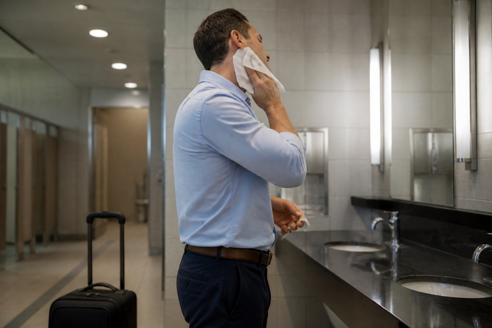 Man in business casual attire refreshing his face with a body wipe before a red-eye flight at an airport vanity.