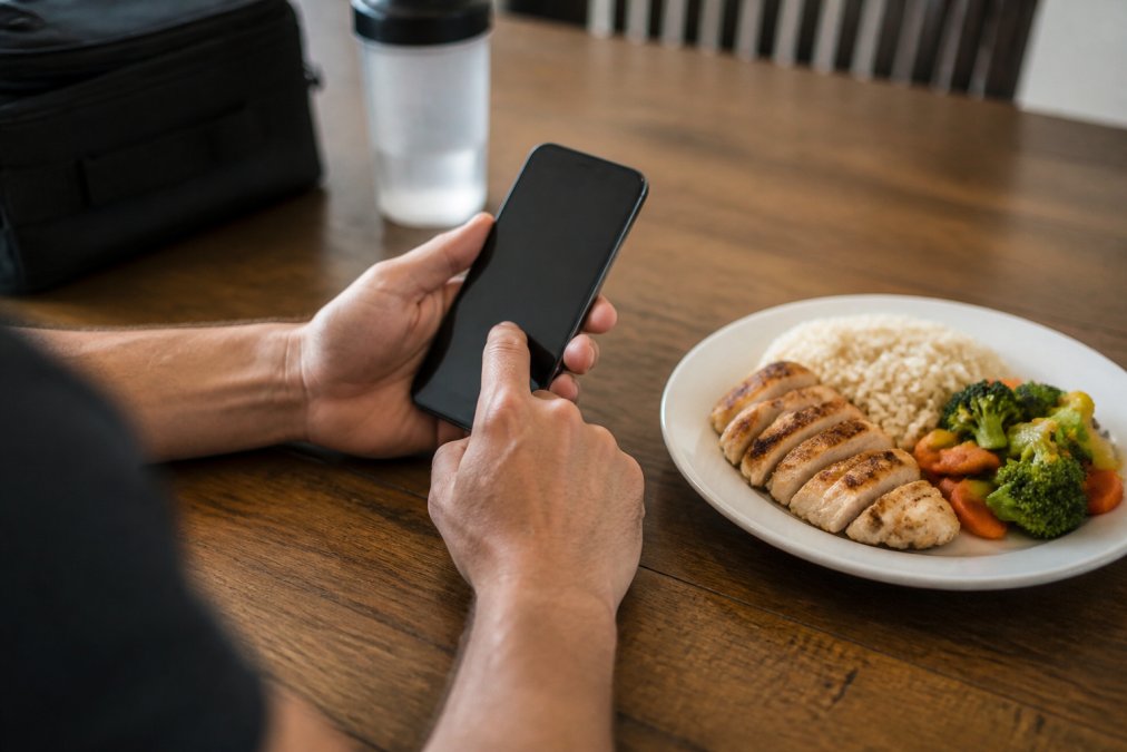 Close-up of hands using a smartphone fitness app to log meals and track macros, with a plate of grilled chicken, rice, and vegetables visible on the table beside the phone