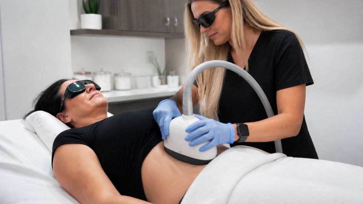 A woman in her 40s lying comfortably on a treatment bed in a bright, modern clinic, wearing protective eyewear, with a trained technician adjusting a non-invasive laser device over her midsection. ### How Invisa-RED Laser Treatment Targets Stubborn Fat Invisa-RED laser treatment uses low-level laser energy applied externally to the treatment area. The goal is to support the release of stored fat from subcutaneous cells and improve localized circulation, which is one reason it's often paired with a personalized [weight loss