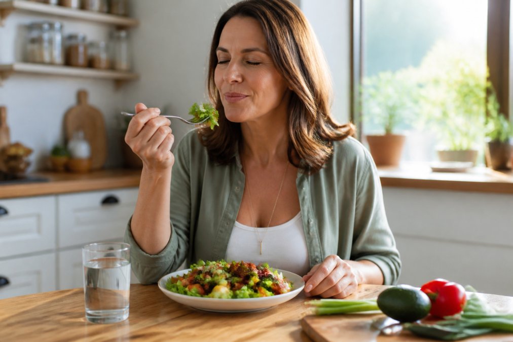 A woman in her early 40s sitting at a kitchen table eating a colorful whole-food meal slowly and thoughtfully, warm natural light coming through a window, calm and relaxed expression, fresh vegetables and a glass of water on the table