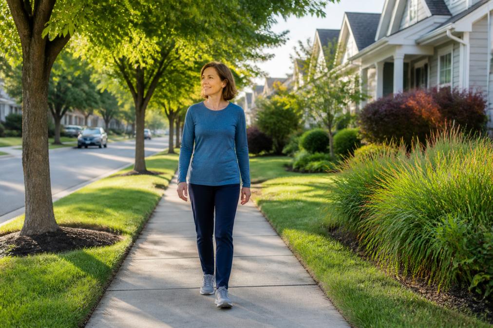 A person in casual clothes taking a brisk 10-minute walk around a suburban neighborhood after a meal, morning light, trees and sidewalk visible, relaxed and natural posture