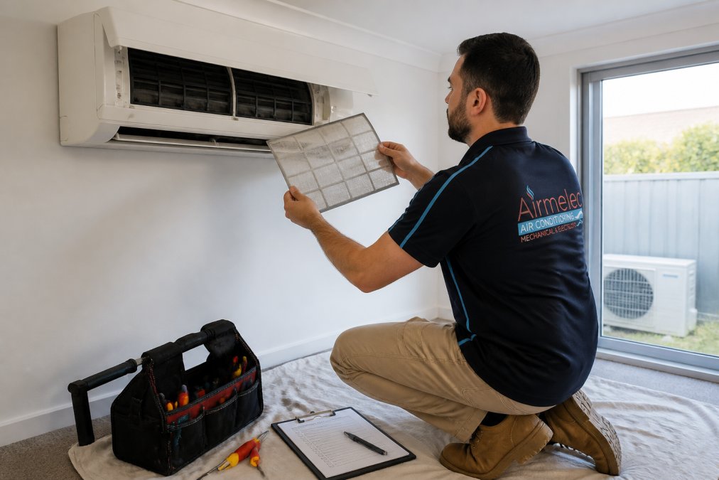 A licensed technician in uniform cleaning the filter of a split-system air conditioner indoors, tools and a checklist visible on the floor nearby