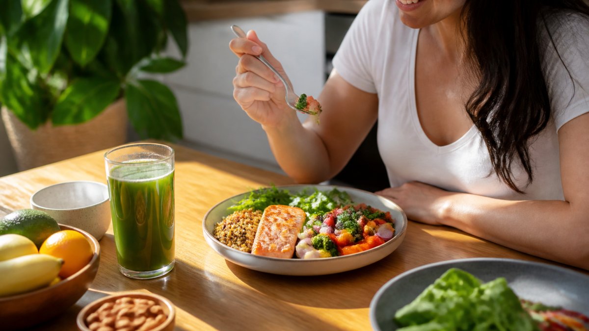 Diagram showing a balanced meal of salmon, quinoa, and vegetables to help lower blood sugar naturally.