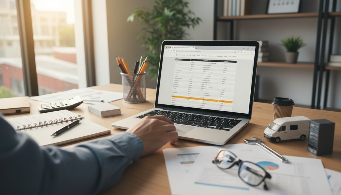 A small business owner sitting at a desk reviewing multiple insurance documents and using a laptop to compare quotes, with a notepad and pen nearby in a professional office setting
