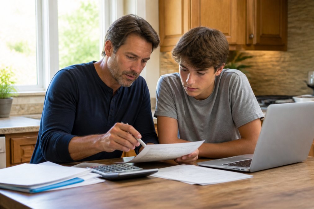 A parent and teenager sitting at a kitchen table reviewing insurance documents together, with a laptop open and a calculator nearby, warm afternoon light through the window
