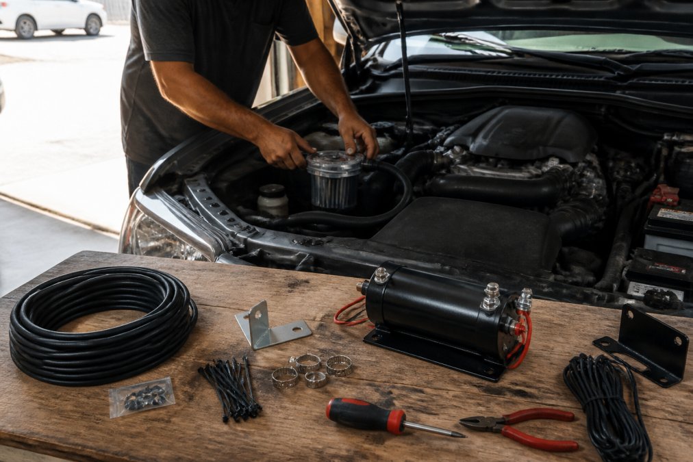 A mechanic's hands installing a compact HHO generator kit in a vehicle engine bay, with hoses and wiring neatly connected, natural daylight from an open garage door