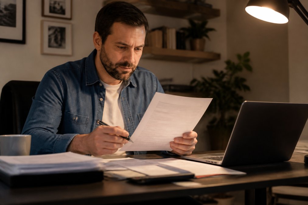 A small business owner sitting at a desk under warm overhead lighting, carefully reviewing printed merchant processing statements with a pen in hand and a laptop open beside them, surrounded by organized paperwork