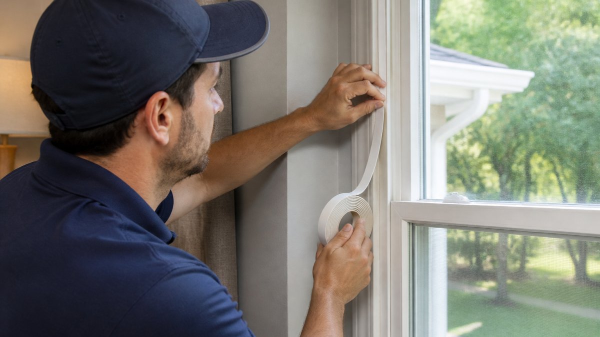 Technician applying weatherstripping to a window to help lower energy bills by sealing air leaks.