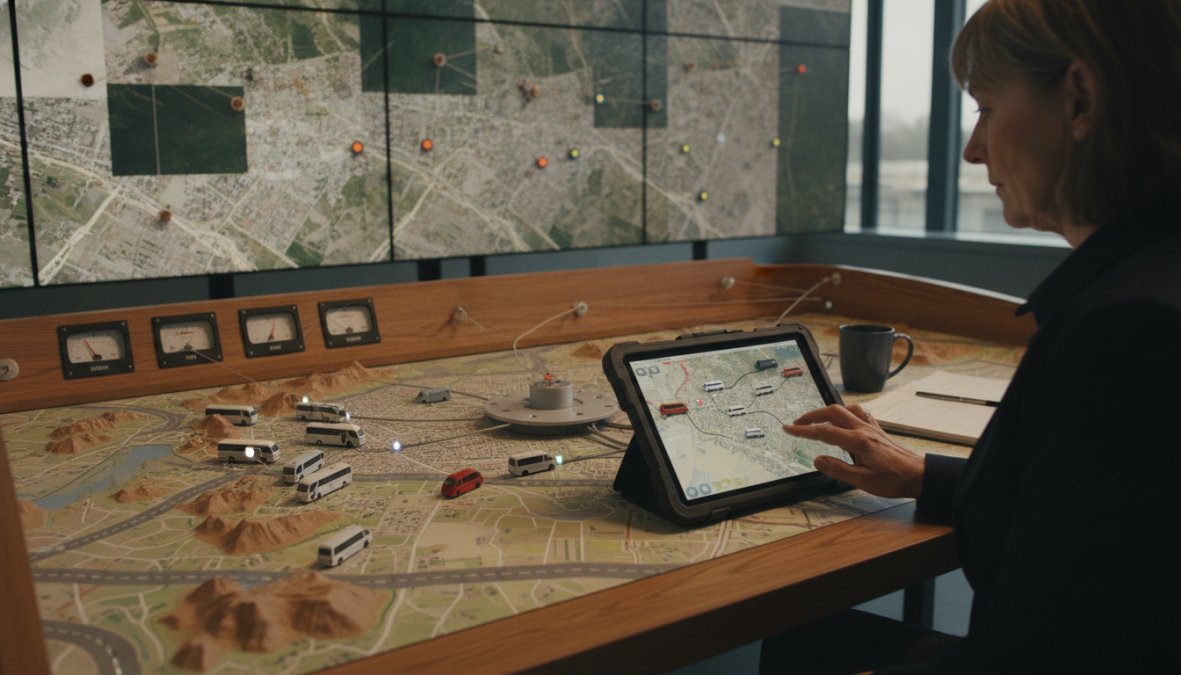 Fleet manager reviewing vehicle tracking data on a tablet in a control centre, with multiple vehicles visible on a digital map display showing real-time location and performance metrics