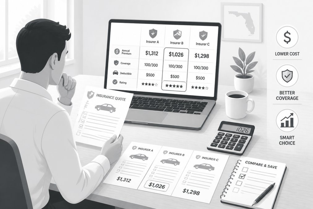 Person sitting at a home office desk reviewing insurance documents and comparing quotes on a laptop screen, with multiple printed insurance papers, a calculator, and a notepad visible on the wooden desk surface under natural window lighting