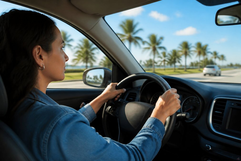 Florida driver with hands on steering wheel in modern sedan, focused expression, driving on sunny highway with palm trees visible in background, representing safe driving habits and discount eligibility