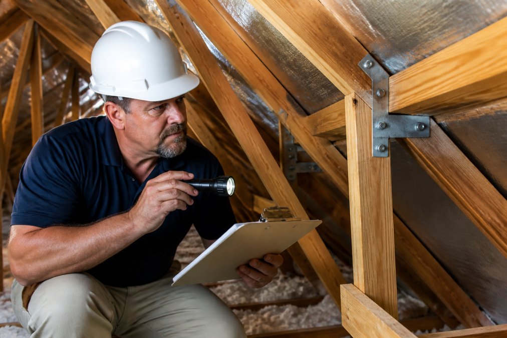 A licensed home inspector in a hard hat examining roof-to-wall connections in the attic of a Florida home, holding a clipboard and flashlight