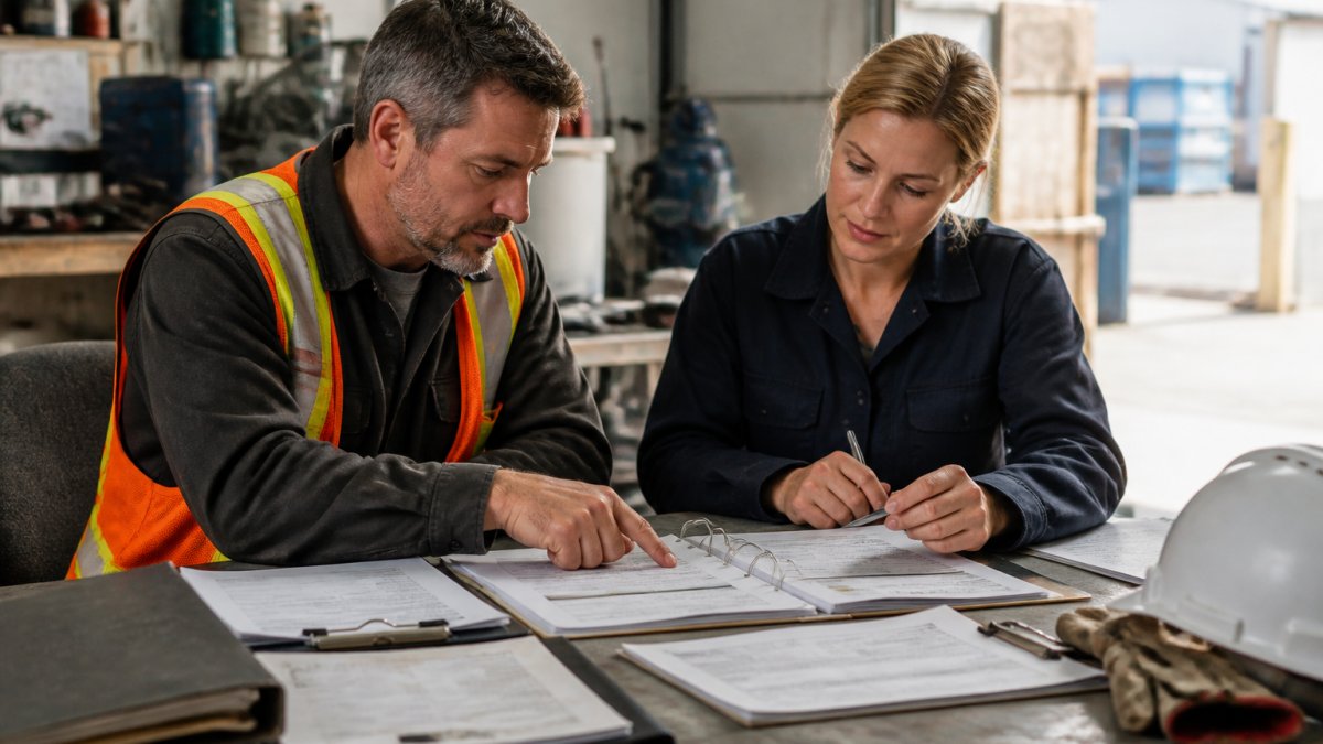 Business owner and safety manager reviewing loss control documents and safety protocols at a desk in a commercial workspace with natural lighting