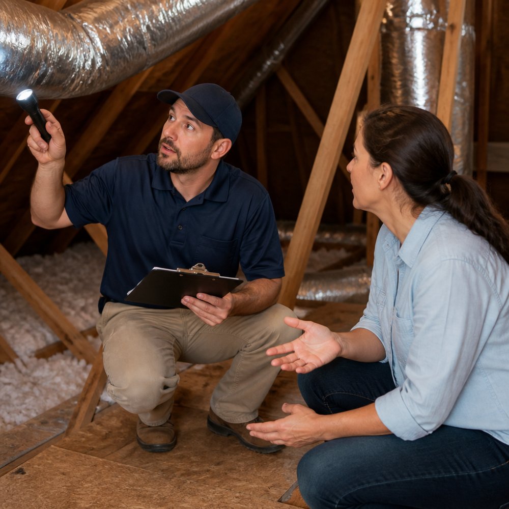 HVAC technician inspecting attic ductwork to help homeowners learn how to lower high cooling bills