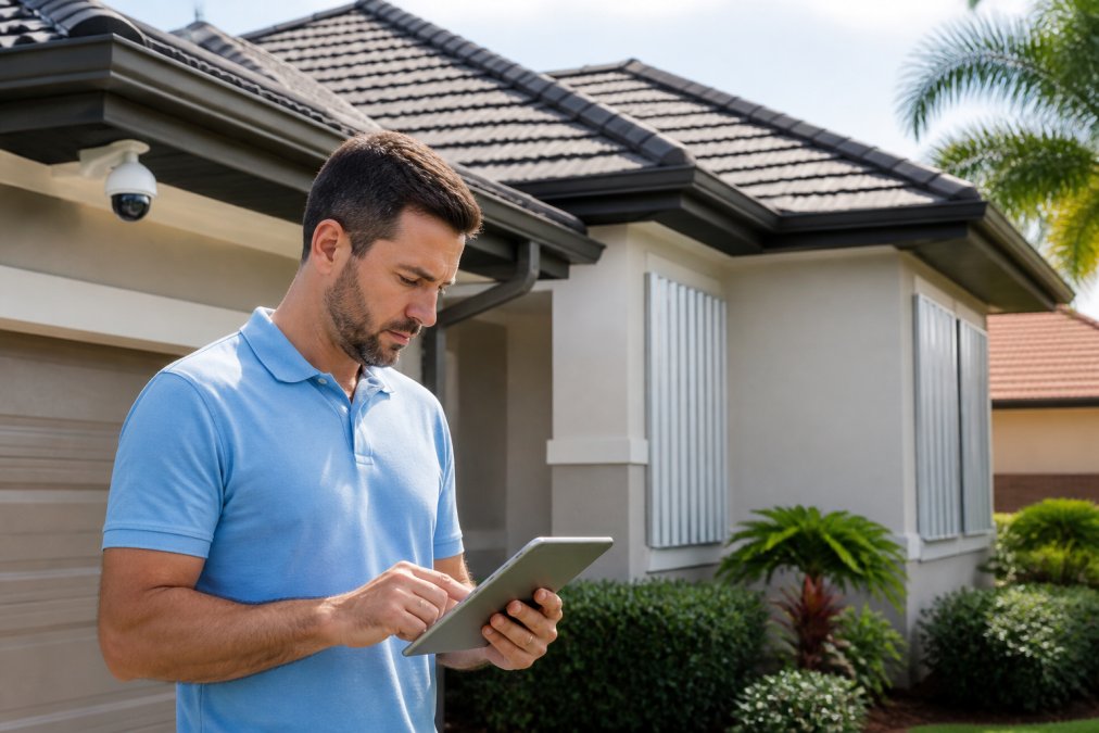 Homeowner standing outside their house reviewing a checklist on a tablet, with visible security camera, storm shutters, and upgraded roof visible in background