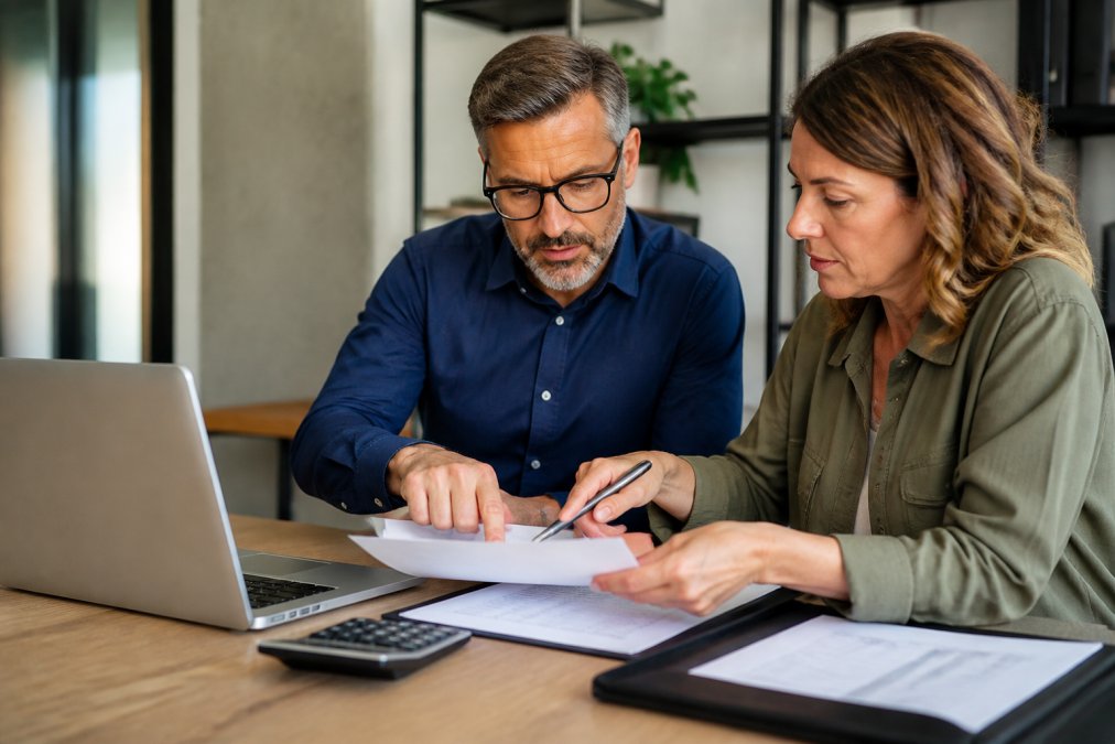 A small business owner and a payment consultant reviewing a printed merchant statement at a desk, with a laptop and calculator nearby, pointing at a highlighted fee line