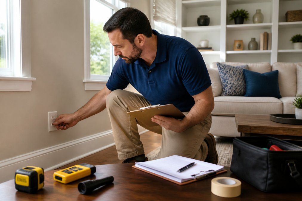 A homeowner holding a clipboard and inspecting a wall outlet and window seal in a well-lit living room during a home energy walkthrough