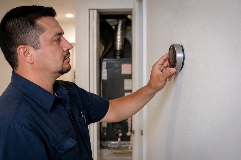 A technician adjusting a smart thermostat mounted on a wall, with an HVAC air handler visible in the background of a residential hallway