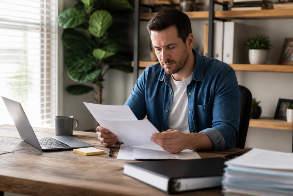 Homeowner sitting at desk reviewing insurance documents and policy papers with laptop, organized files, and coffee cup in home office setting with natural window lighting