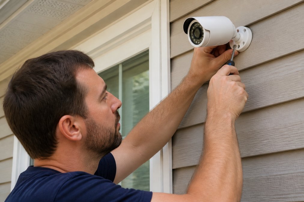 Homeowner installing modern security camera on exterior house wall with close-up focus on device mounting and installation hardware in daylight