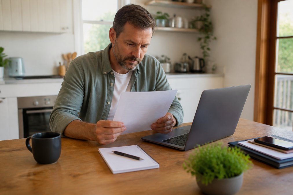 A homeowner sitting at a kitchen table reviewing insurance policy documents on a laptop, with a notepad and pen beside them, natural morning light coming through a window, looking focused and engaged