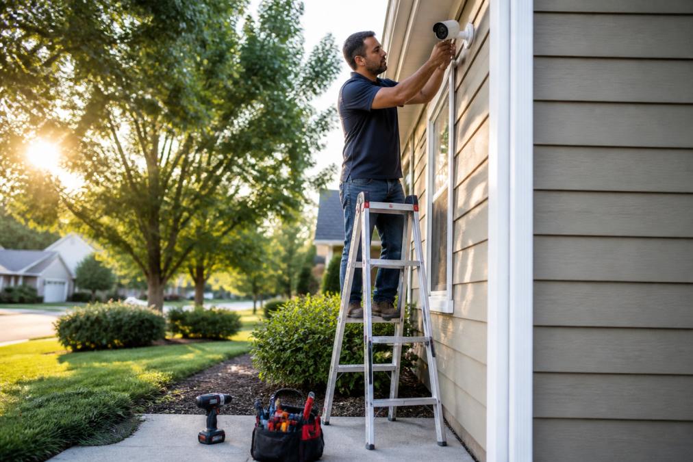 A homeowner on a step ladder installing a smart security camera on the exterior wall of a suburban house, with a cordless drill and tool bag on the ground below, late afternoon light