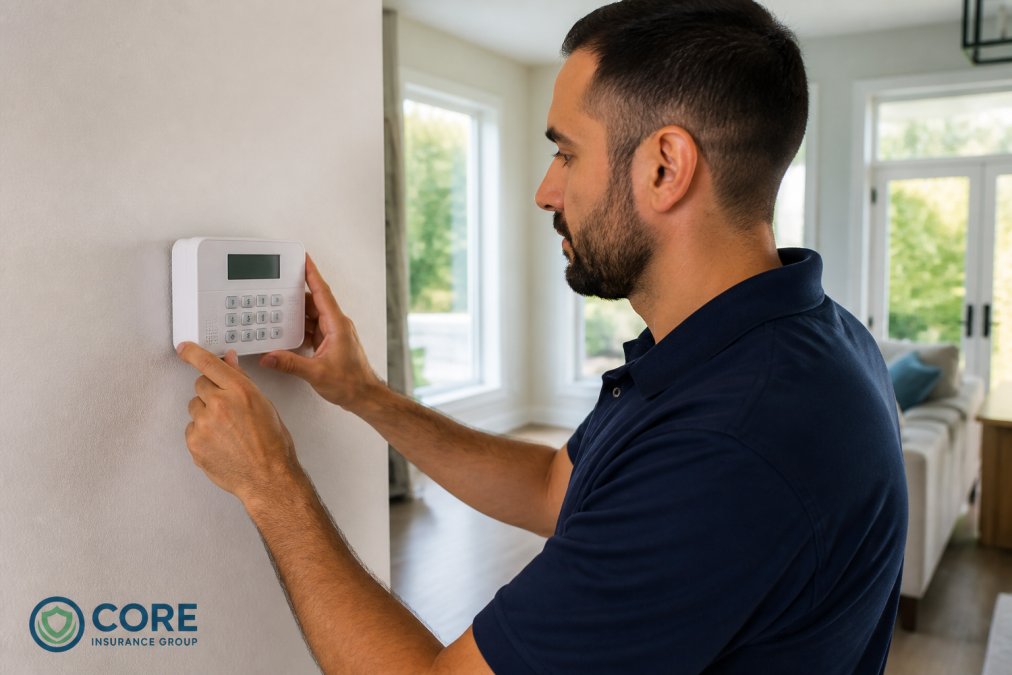 Homeowner installing a modern security system keypad on a wall inside a bright, well-lit home with natural light streaming through windows