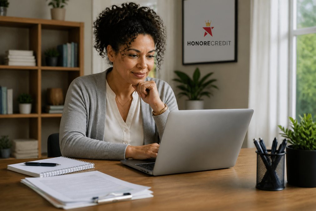 Professional reviewing credit report on laptop at home office desk with notebook and pen, looking focused and positive