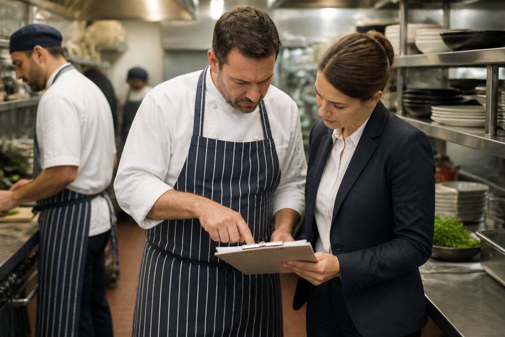 A head chef and restaurant manager reviewing a staff rota on a clipboard in a busy commercial kitchen, pointing at shift times while other chefs work in the background