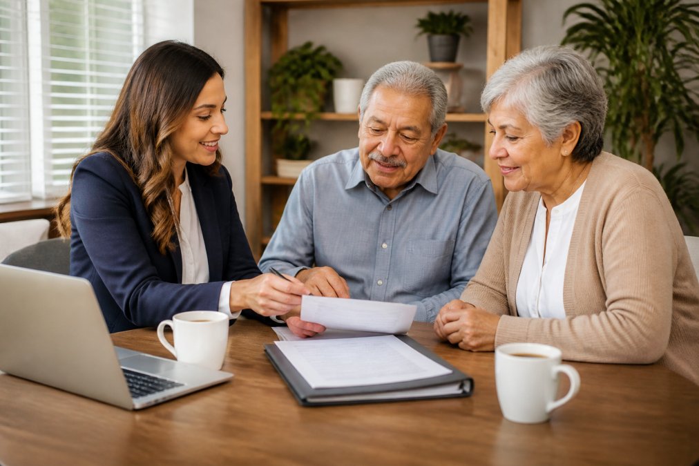 A friendly insurance agent sitting across a desk from an older couple in a warm, bright office, reviewing paperwork together and pointing at a document, with a laptop and coffee cups on the desk