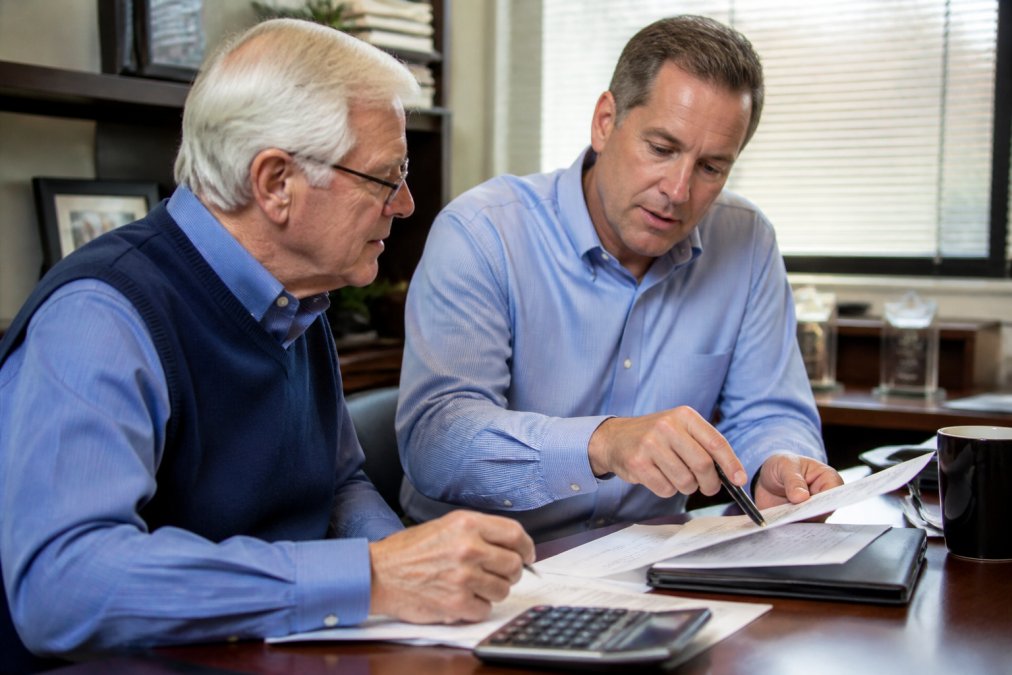 Financial advisor and client reviewing retirement planning documents and tax strategy options at a desk with laptop and calculator in modern office setting