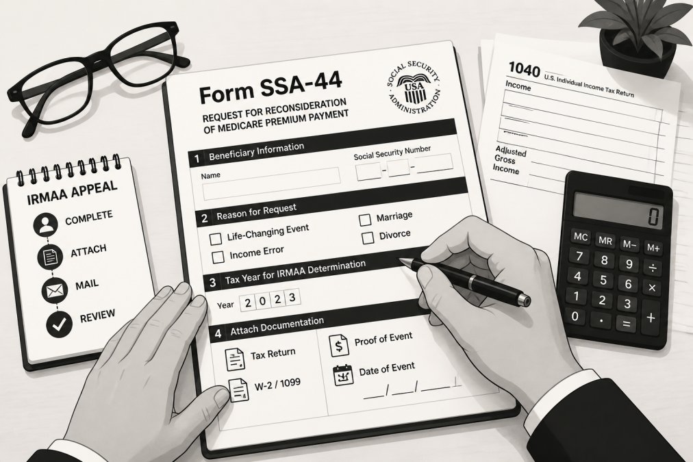 Close-up of hands filling out Social Security Form SSA-44 at desk with reading glasses, pen, and tax documents visible nearby