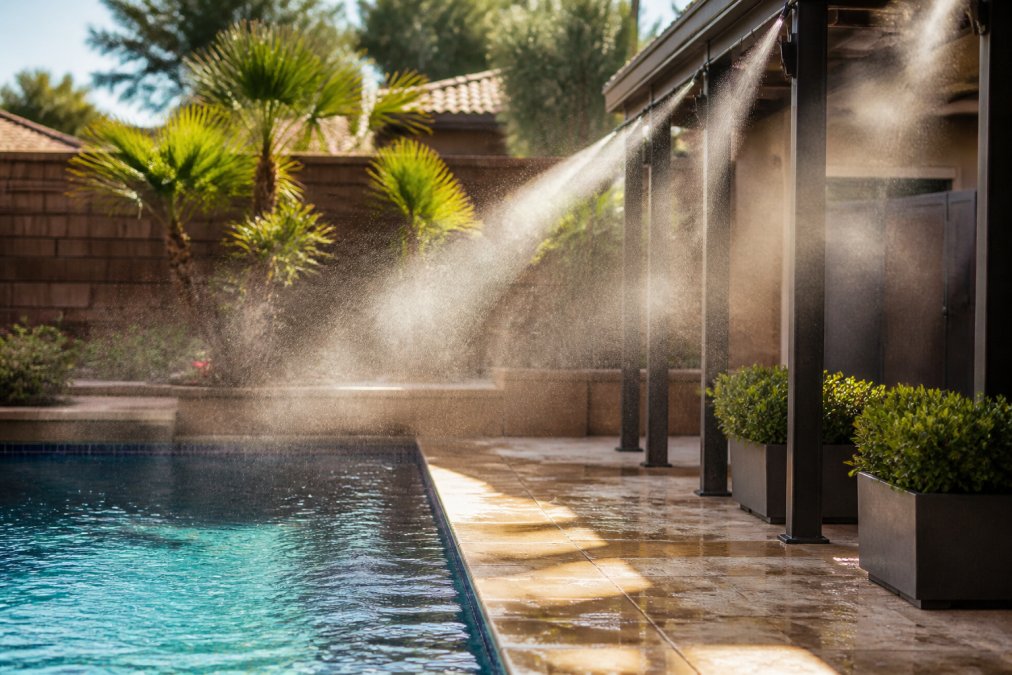 Residential pool on a hot sunny day with misting system nozzles spraying fine mist over the water surface and surrounding deck area, showing the cooling effect in action with clear visibility of water droplets catching sunlight